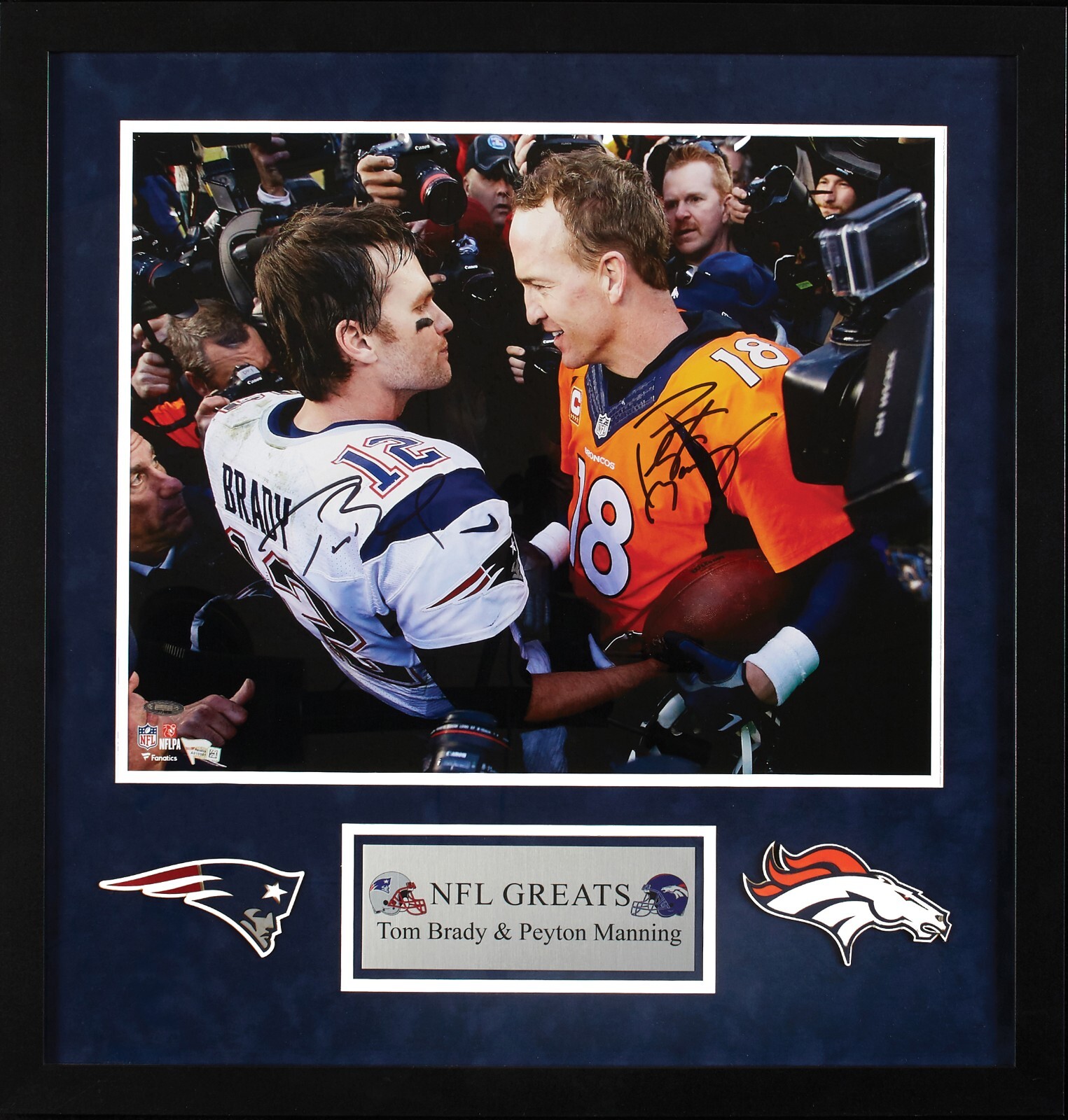 Tom Brady Autographed Signed New England Patriots & Peyton Manning 16x20 Framed Photo Display Fanatics Tri-Star 