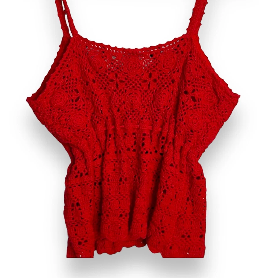 Top corto Avon tejido a ganchillo con correa de espagueti para mujer XL rojo vintage boho festival Foto 4 de 4