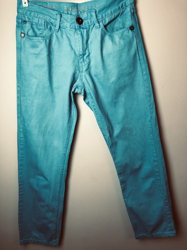 Ring Of Fire Slim Straight Colored Denim Jeans 33 X 32 Turquoise Button Zip Men
