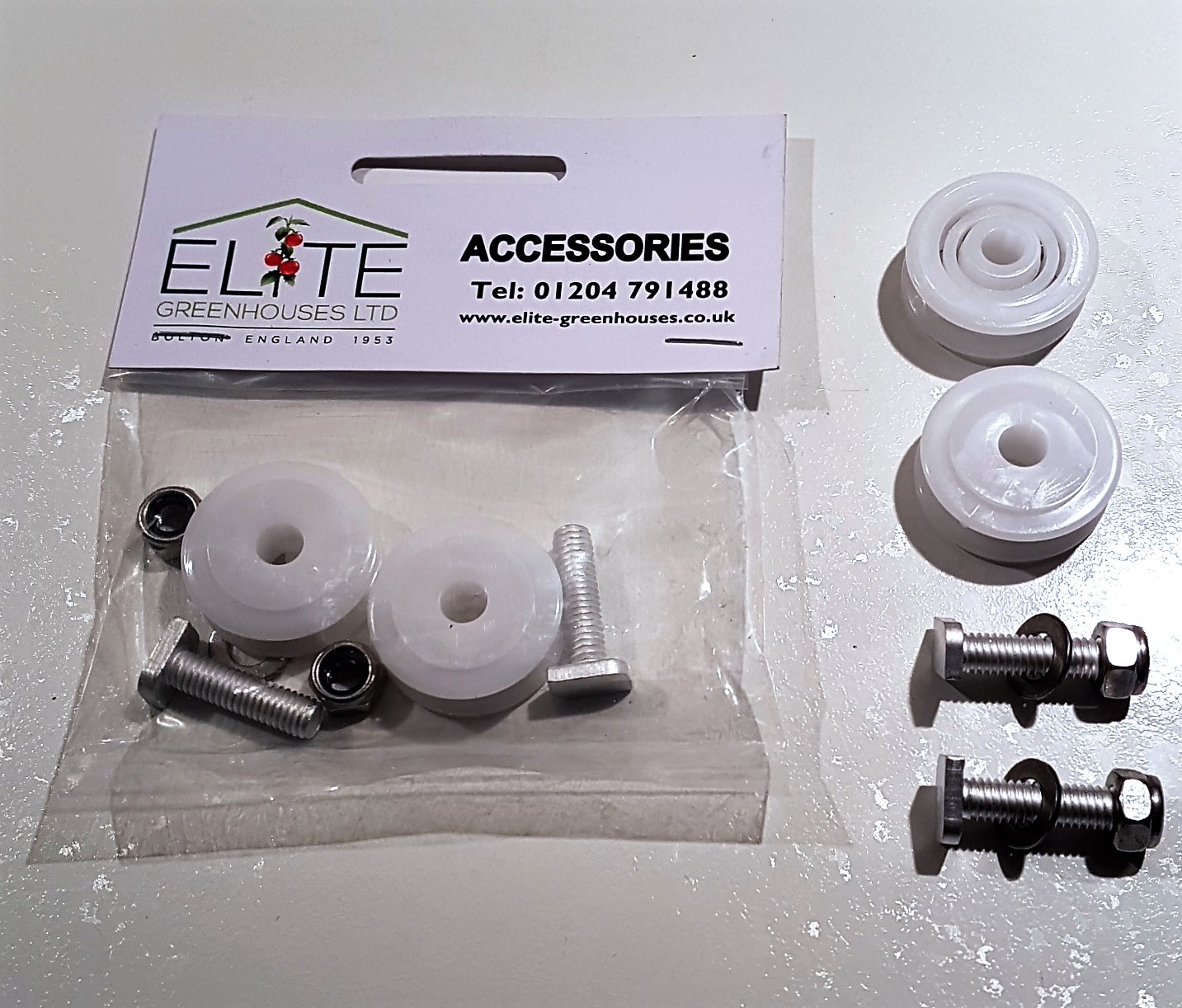 Greenhouse Door Wheels Kit 28mm with Crop Head Fixings. Elite Branded