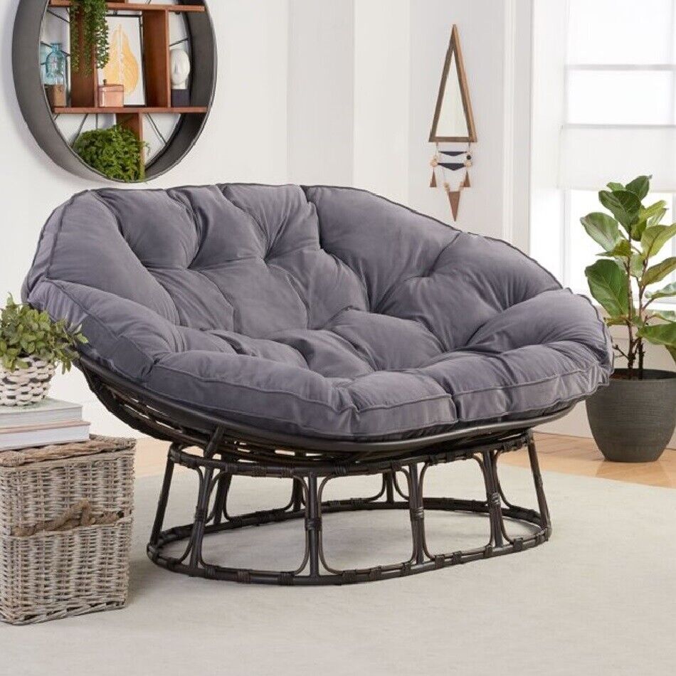 Double Papasan Chair Bench with Cushion Gray Large 2 Person Saucer Seat  Loveseat