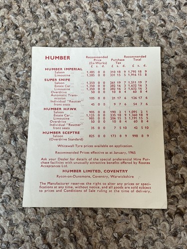 HUMBER IMPERIAL & SUPER SNIPE Car Sales Brochure & Price List - Rare - Picture 8 of 8