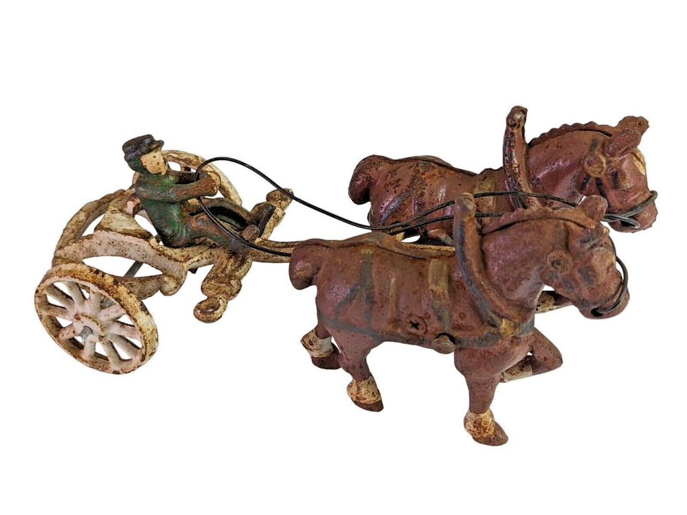 Antique Cast Iron Toy 2 Carriage Horses and Wagon Front with Driver Damage