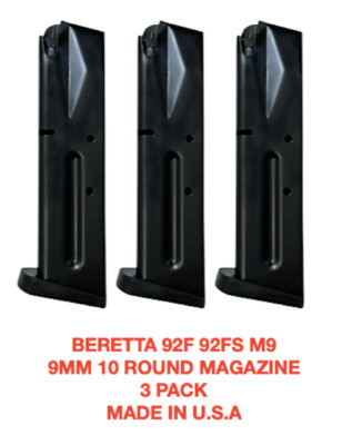 Beretta 92F 92FS M9 9mm 10 Round Magazine Black 3 PACK