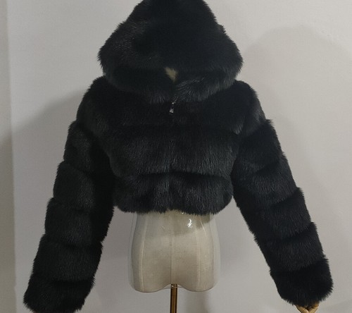 Hooded faux fur jacket, faux fox fur long sleeved patchwork - Picture 28 of 31
