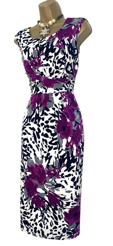 PRÉCIS PETITE Size 8 Bright Purple White Black Floral Print Bodycon Midi Dress - Picture 3 of 10