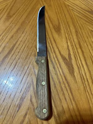 Vintage Carving Knife 7 3/8  Serrated Edge Stainless Steel Wood Handle Taiwan
