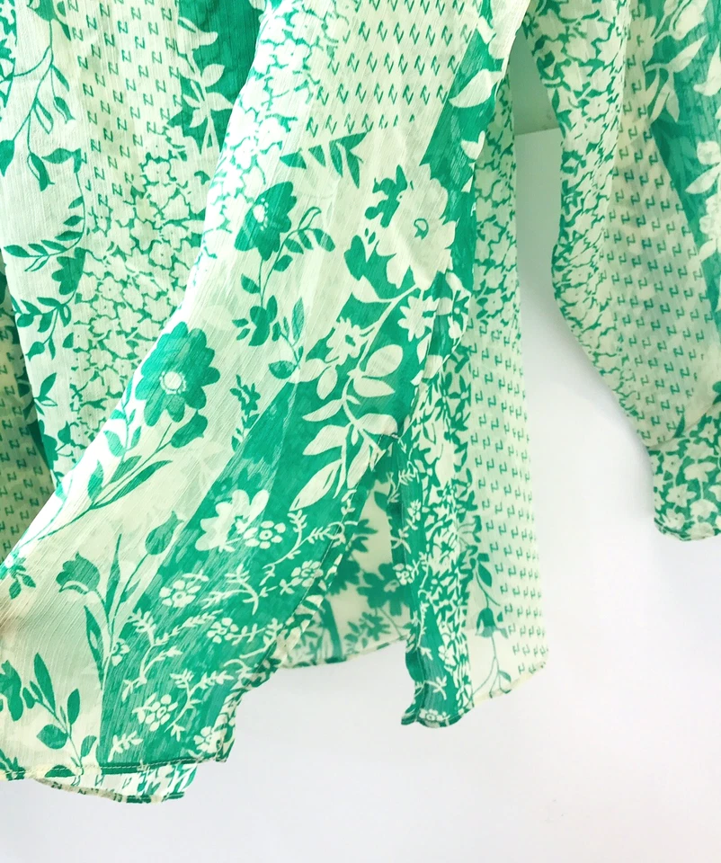 Blusa SUSAN GRAVER Verde/Marfil Floral Arrugado Volantes Hada Transparente Top Fluido Talla L Foto 3 de 4