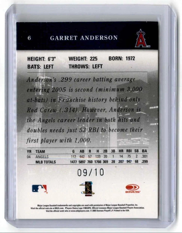 2005 Donruss Studio Platinum Proof Garret Anderson 09/10 Los Angeles Angels #6 - Image 2 of 2