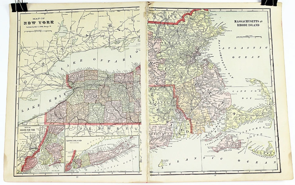 Mapa del estado de Connecticut litografía en color 22,5 x 14,5 de Crams Atlas Foto 4 de 4
