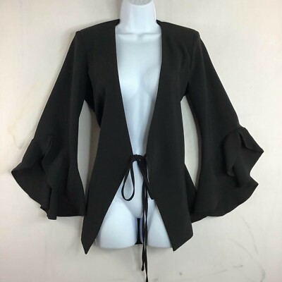 KAOS Women's Black Flared Sleeve Open Front Tie Hem Shrug Cardigan Size 40 S 