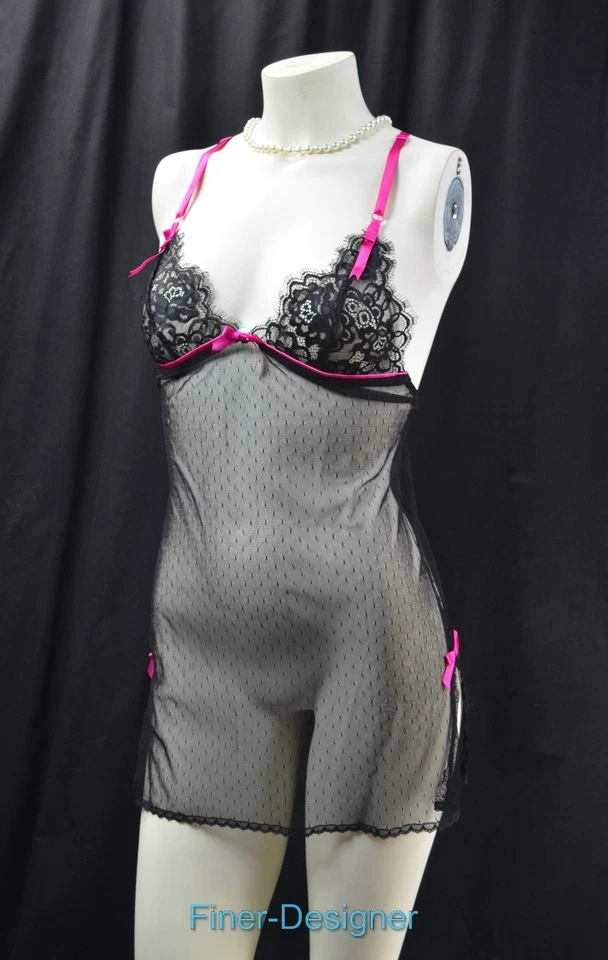 VICTORIA'S SECRET Camisola Sexy Teddie Stretch Malha Preta Laço Rosa Quente P NOVO - Imagem 2 de 4