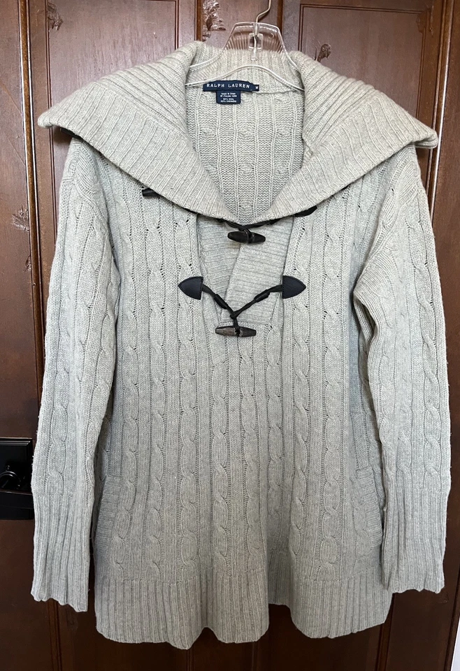 Suéter túnica Ralph Lauren etiqueta negra beige cachemir Bld tejido con cable talla M palanca Foto 3 de 4
