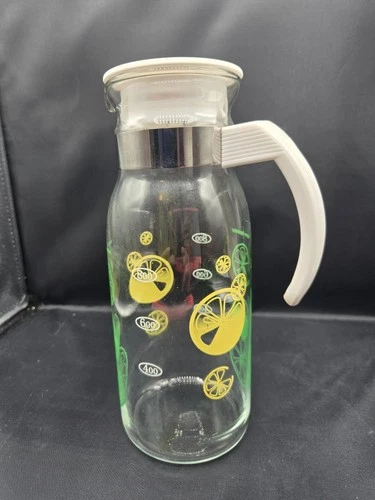 Vintage Pyrex Glass Lemon Lime Pitcher Carafe 1 Quart Welcome Degustation! 10" T