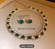 Green Crystal Necklace  Earrings Set Gold Tone Fashion Jewelry