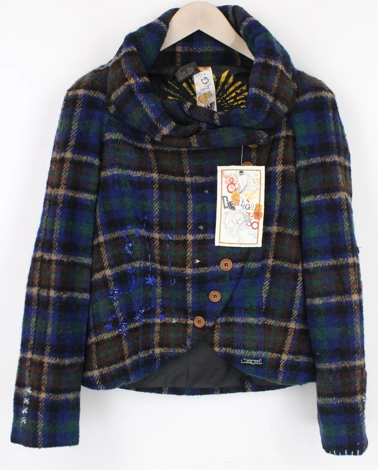 DESIGUAL Women's Jacket 38 Blue Wool Blend Checked Long Sleeve Single-Breast * - Image 2 of 4