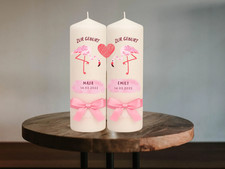 Geschenk zur Geburt von Zwillingsmädchen – Personalisierte Kerzen mit Flamingos