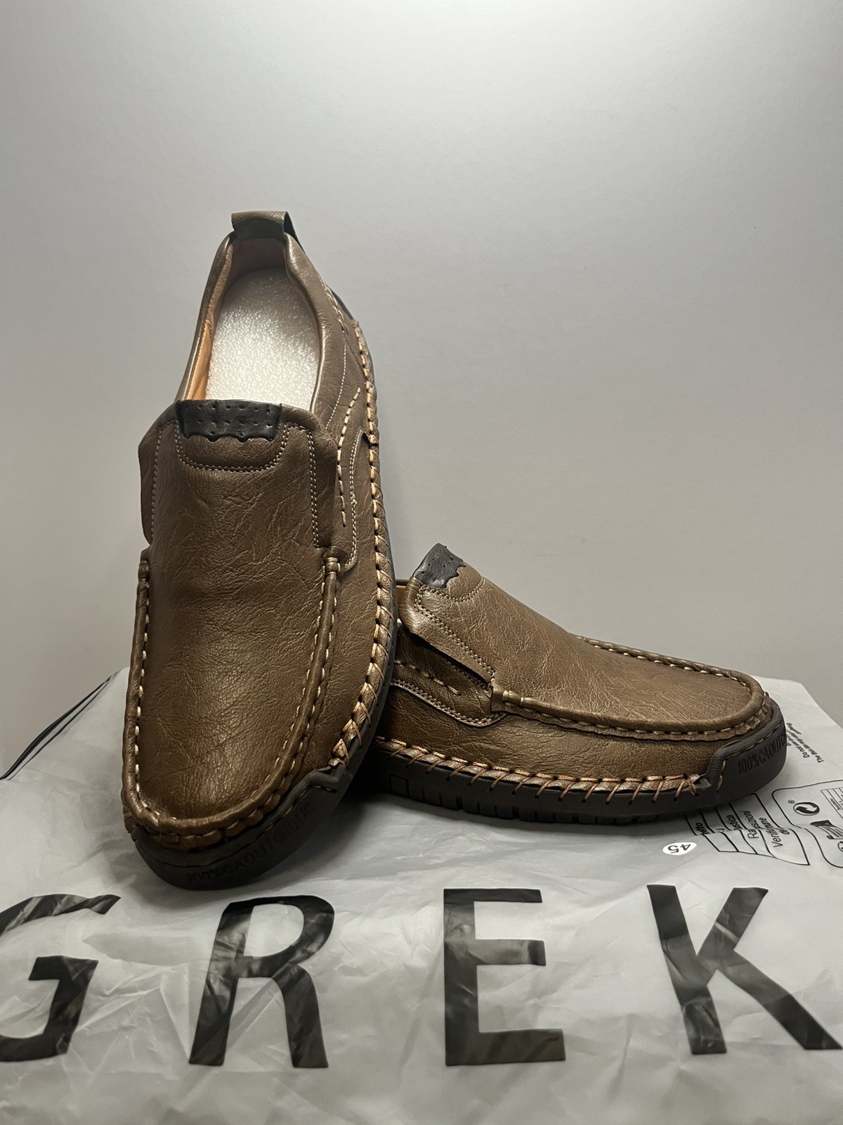 New Size 11 Greks Driving Shoes Loafers 100% CAOUTCHOUC Leather Brown Mens