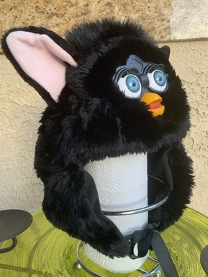 FURBY Fluffy Black Furry Pink Ears HAT with Ties 1999 Hasbro, Inc. NWT