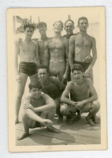 # 28 VINTAGE PHOTO AFFECTIONATE SWIMSUIT BUDDY BOYS MEN AT BEACH SNAPSHOT GAY