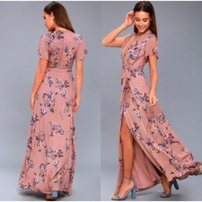 LULU'S Fiorire Rose Floral Print Wrap Maxi Dress Pink {3C16}