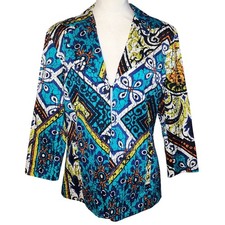 Chicos Batik Print Blazer Jacket Open Front 3/4 Sleeve Size 1