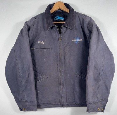Vtg Distressed Jacket Mens L Blue Canvas Workwear Bomber Logo Detroit style