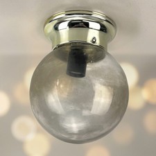 Vintage MCM Brass  Smoked Glass Globe Ceiling Flush Mount Light 7.5"