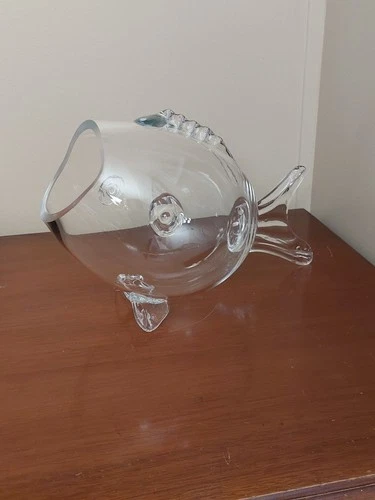 Vintage Blenko Style Hand Blown Clear Glass Open Mouth Fish Vase Bowl 12"
