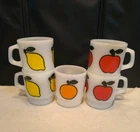 Vintage Fire King Set 5 Milk Glass Fruit Mugs Orange Apple Lemon Anchor Hocking