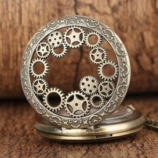 Steampunk Gear Half Hunter Pocket Watch Bronze White Arabic Dial w/ Chain Gift