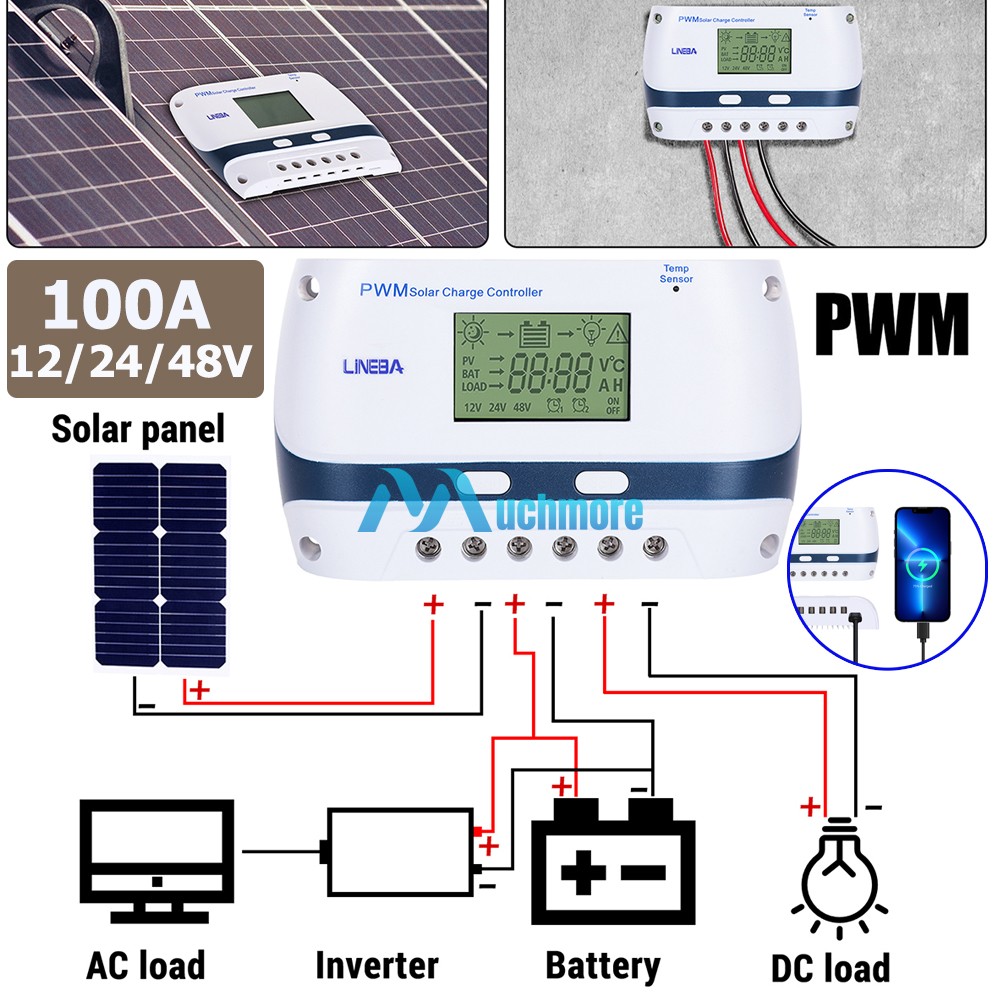 Controlador de carga regulador de panel solar 100A PWM seguimiento de enfoque automático 12/24/48V