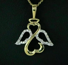 Open Hearts Moissanite Winged Angel Pendant Necklace 14k Yellow Gold Plated