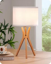 Modern Tripod Table Lamp, 17.5" Bedside Lamp with Natural Wood Light Legs & W...