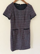 Talbots Tweed Shift Dress Size 2P Navy Red Fringe Pocket Career