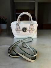 GUESS Logo Satchel Beige Pink Detachable Strap Silver Hardware Handled READ