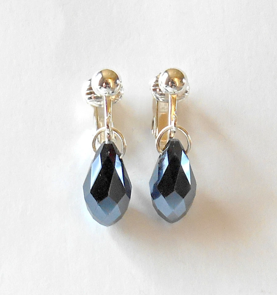 LITTLE BLACK GLASS CRYSTAL DROPS - SILVER PLATED CLIP ON EARRINGS (hook options) - Image 1 of 2