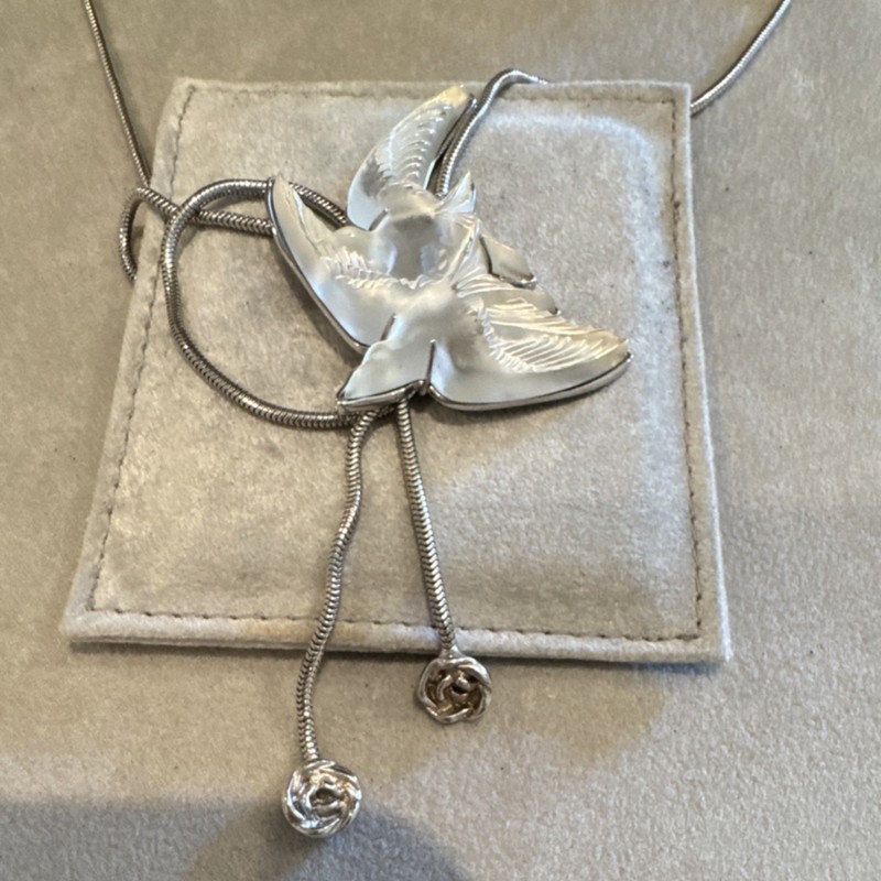 Lalique Crystal Bird Pendant Necklace Silver Tone Metal Adjustable Dangle Ends