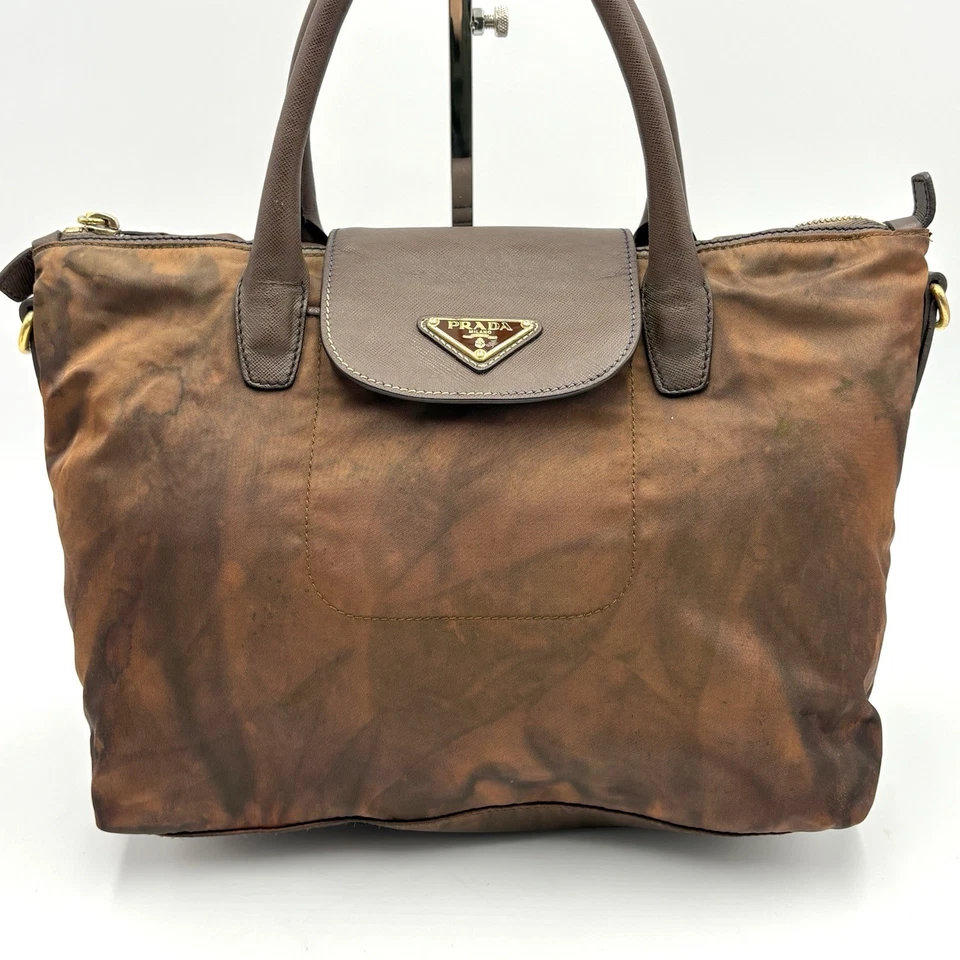 Auténtico Bolso de Mano Prada Tessuto Nylon × Cuero Saffiano Tabaco BN2106 2Y2314 Foto 2 de 4
