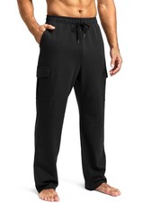Men's Cotton Cargo Pocket Sweatpants Open Bottom Yoga Athletic Casual Black