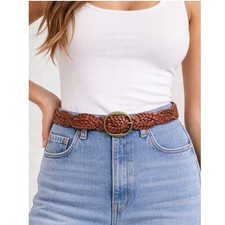 GAP Braided Woven Leather Belt Brass Buckle Cognac Brown Boho Indie Womens Sz XS