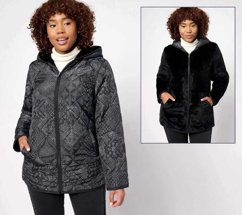 NUEVA Chaqueta con Capucha Susan Graver Reversible Acolchada y Felpa Polar Foto 3 de 4