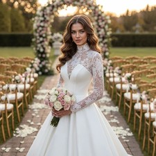 High Neck Lace Long Sleeve Wedding Dresses Satin A‑Line Bridal Gowns With Train