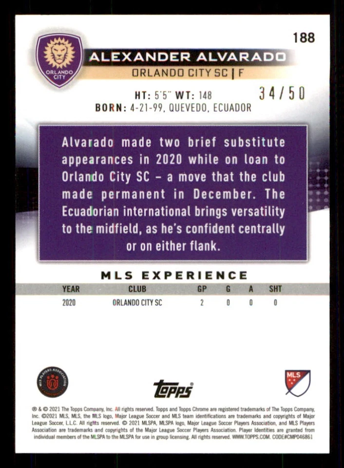 2021 Topps Chrome MLS Gold Refractors #188 Alexander Alvarado /50 - Image 2 of 2