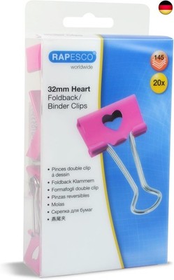 Rapesco 1426 32mm Herzen Foldback Klammern, Fuchsia, 20 Stück