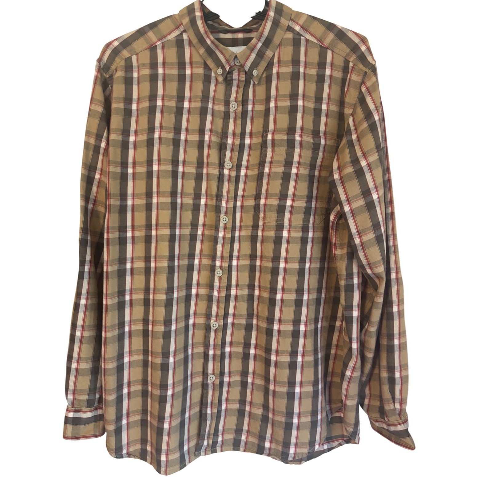 Columbia Mens Large Button Down Tan Red Shirt Long Sleeve Plaid Casual EUC-Note!