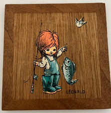 Vintage Kid Fishing Leonard Hand Painted Wood Decor - Pre-Owned