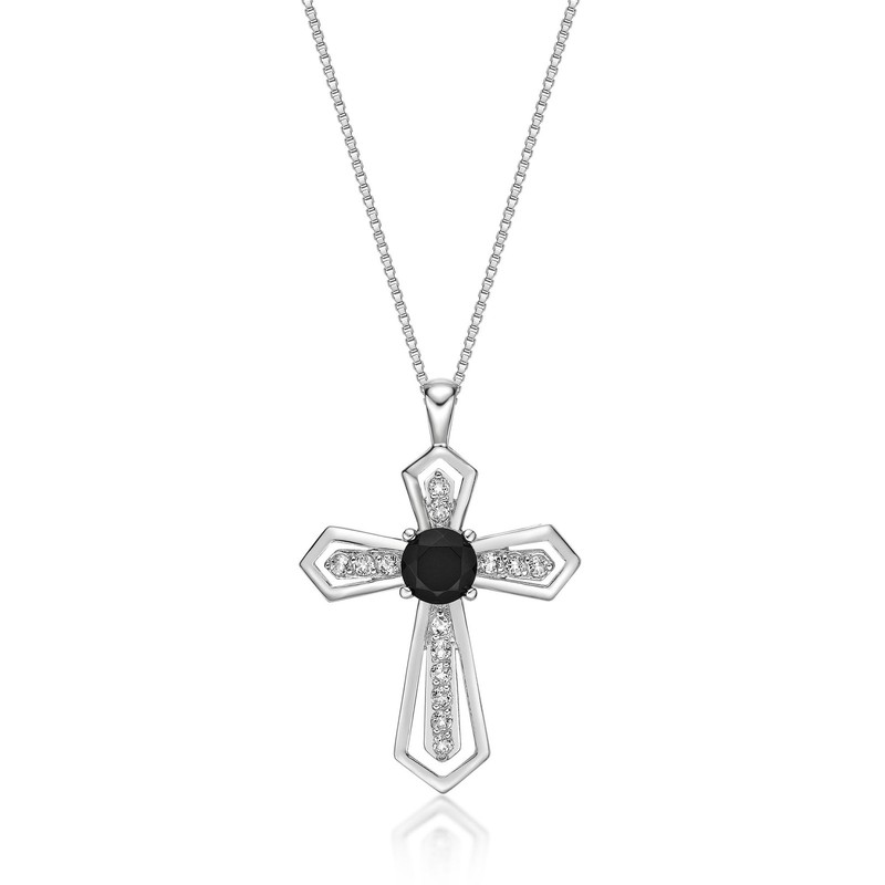 925 Sterling Silver Black Onyx Cross Pendant With White Topaz Accent Rare Gift