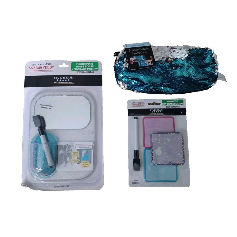 💥 NEW Five Star Locker Lot Blue Dry Erase Marker Board Magnet Mirror Sequin Bag