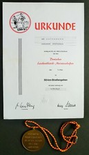 Medaille Ø 6 cm Bronze + Urkunde 1969, 50km Gehen, Uwe Gatermann s. Wikipedia